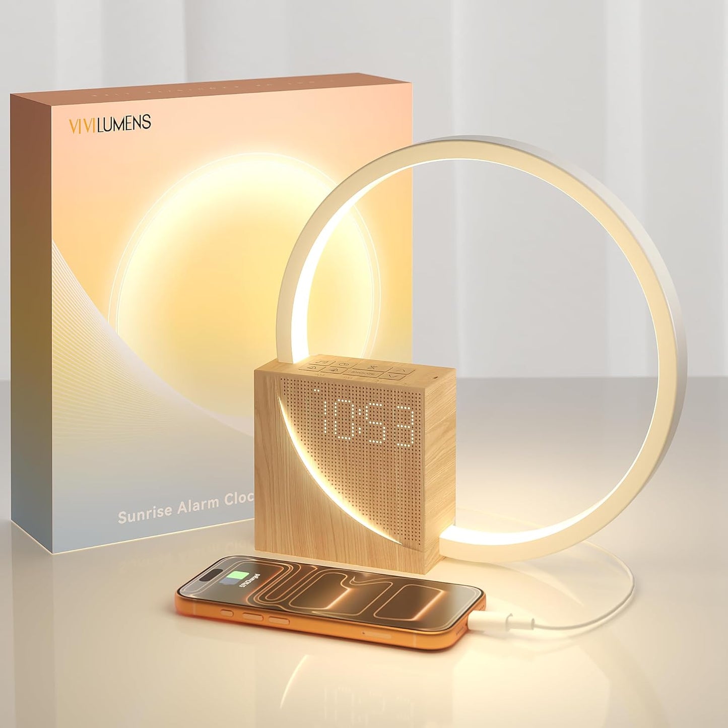 Vivilumens Sunrise Alarm Clock Sound Machine Nightlight, Gradual Wake Up Light, Digital Dimmable Clock, 10 White Noise Sleep Sounds, Snooze, Dual Clocks for Heavy Sleeper Adult, Decor Gifts for Women