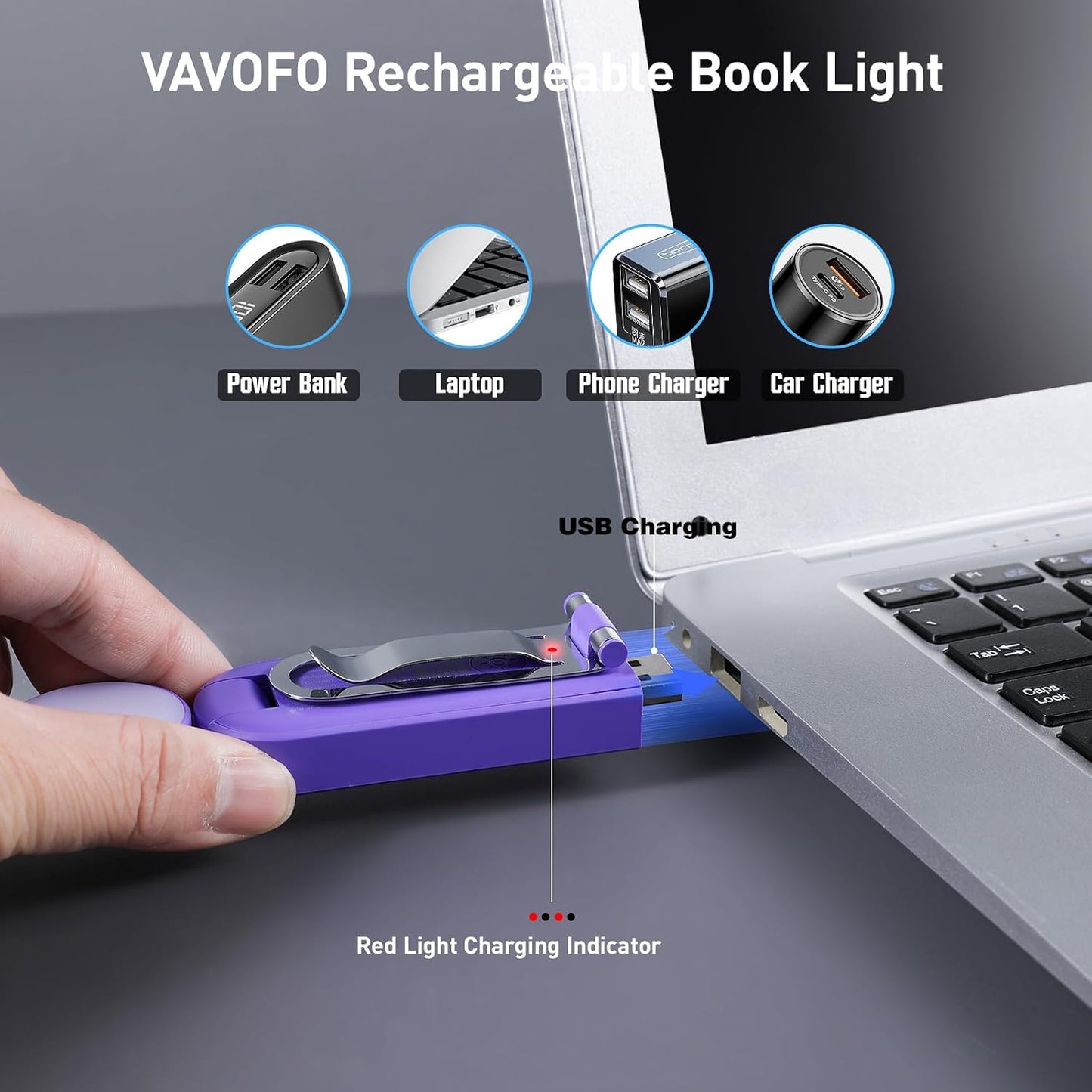 VAVOFO USB Rechargeable Book Light, Blue Light Blocking, Amber Clip-On Bookmark Shaped Reading Light, Eye Care 6 LEDs With 9 Lighting Modes for Bookworms (Grey)