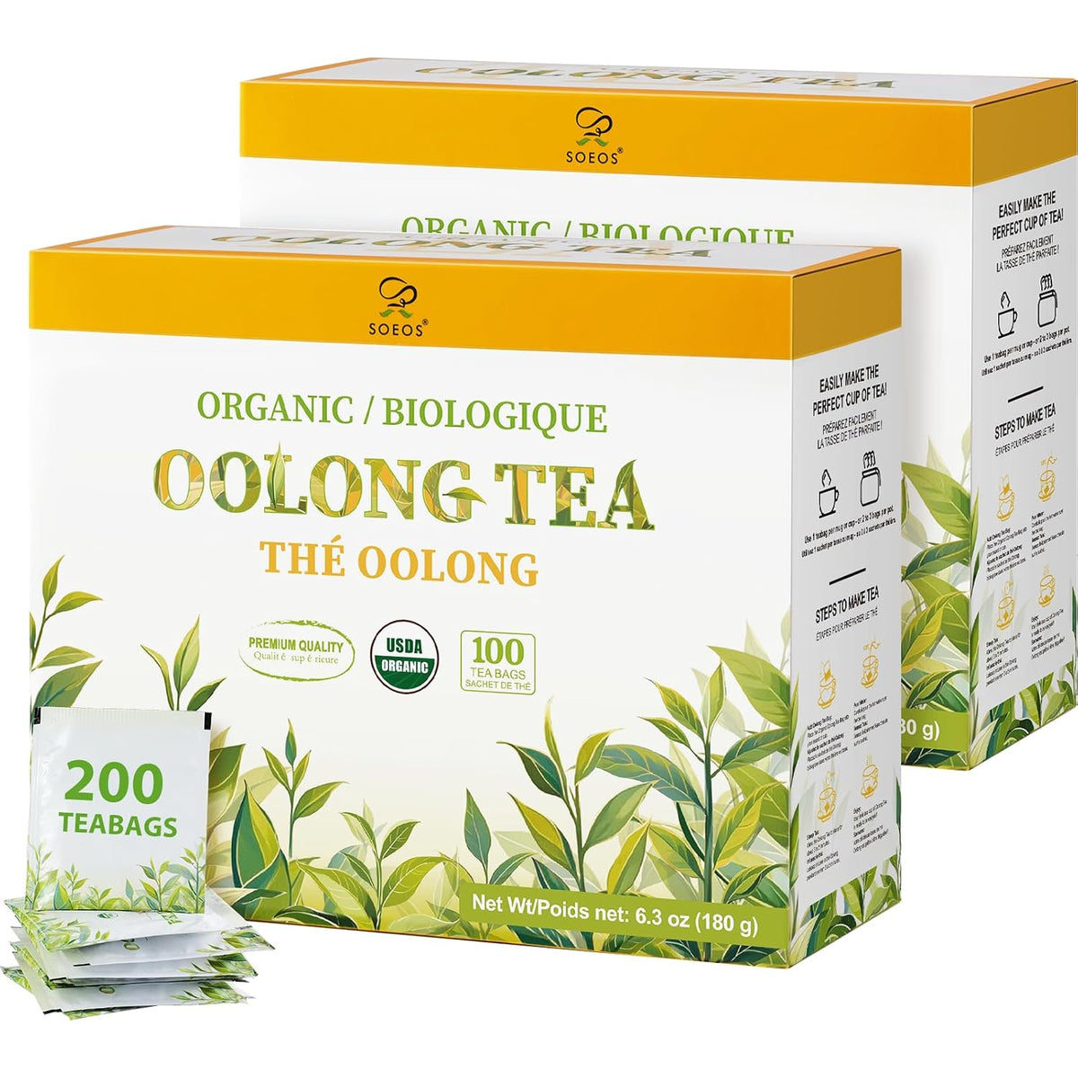 Soeos Organic Oolong Tea, 200 Tea Bags (2 Pack), Low Caffeine, Perfect Alternative to Coffee, Hot and Cold Brew, Fresh and Healthy Oolong Tea
