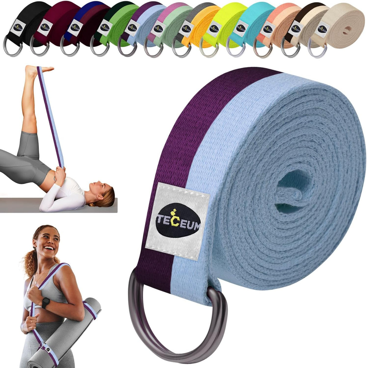 TECEUM 2 IN 1 Yoga & Mat Strap for Stretching – Cotton – 6/8/10 ft