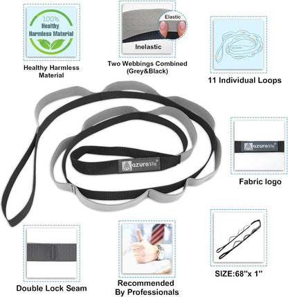A AZURELIFE Half-Elastic Stretch Straps with 11 Loops, Stretching Strap for Physical Therapy, Multi-Loop Yoga Strap Fitness Exercise Strap for Yoga, Pilates, Dance, Flexibility&Exercise