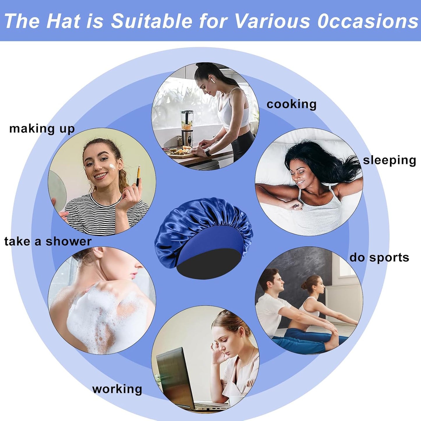 4PCS Silk Satin Bonnets for Black Women & Men - Elastic Wide Band Hair Wrap Cap for Curly Hair - Shower Cap for Sleeping (Black, Peacock Blue, Pink, Khaki)