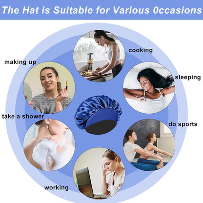 4PCS Silk Satin Bonnets for Black Women & Men - Elastic Wide Band Hair Wrap Cap for Curly Hair - Shower Cap for Sleeping (Black, Peacock Blue, Pink, Khaki)
