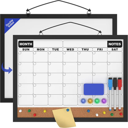 Monthly Calendar Dry Erase Board 16x12 Inch, Double-Sided Whiteboard and Corkboard Combo, Wall Mounted Planner Organizer with Markers, Magnets, Push Pins, Eraser, for Home Office School