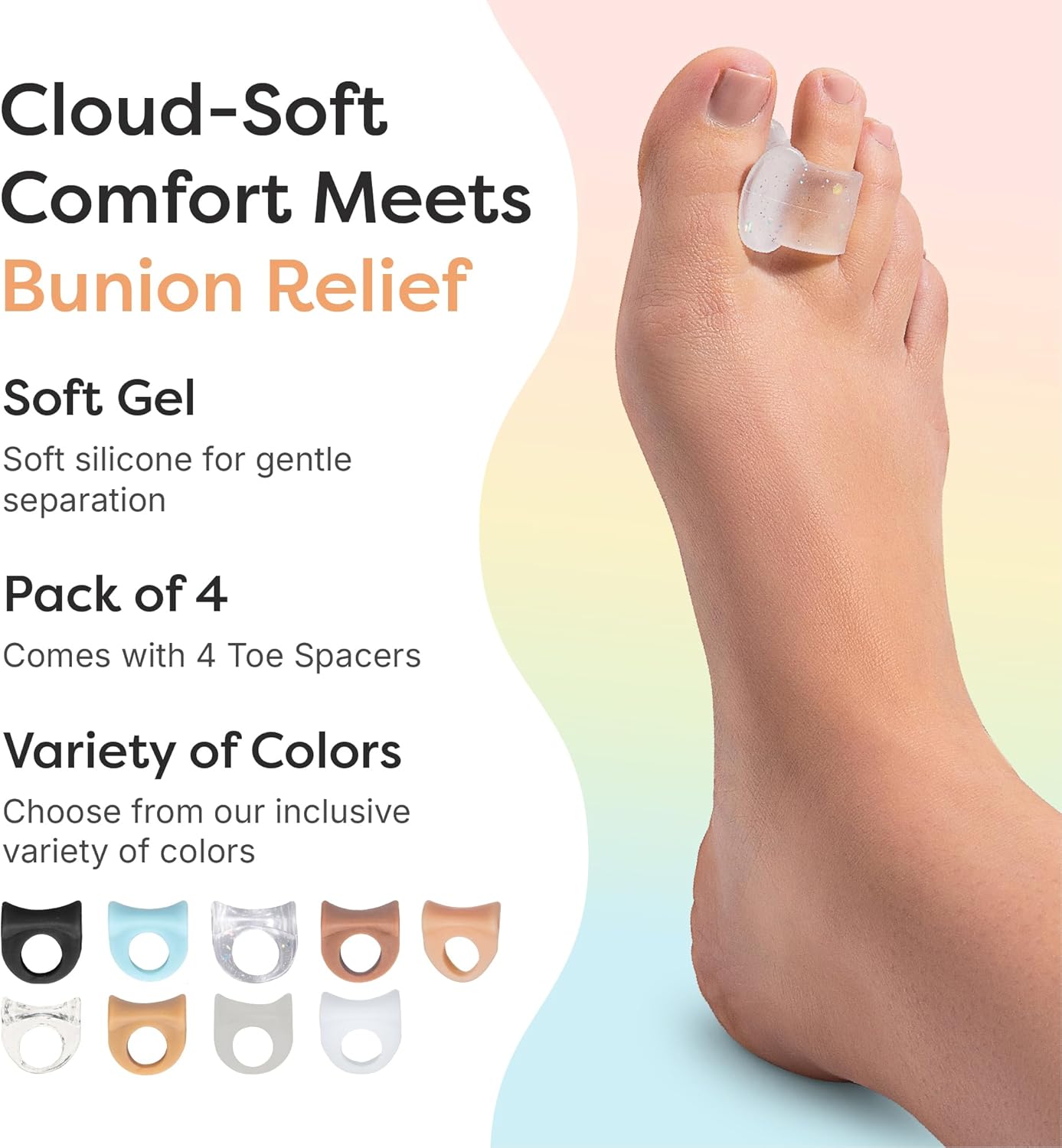 ZenToes Gel Toe Separators for Overlapping Toes, Bunions, Big Toe Alignment, Corrector and Spacer - 4 Pack (White)