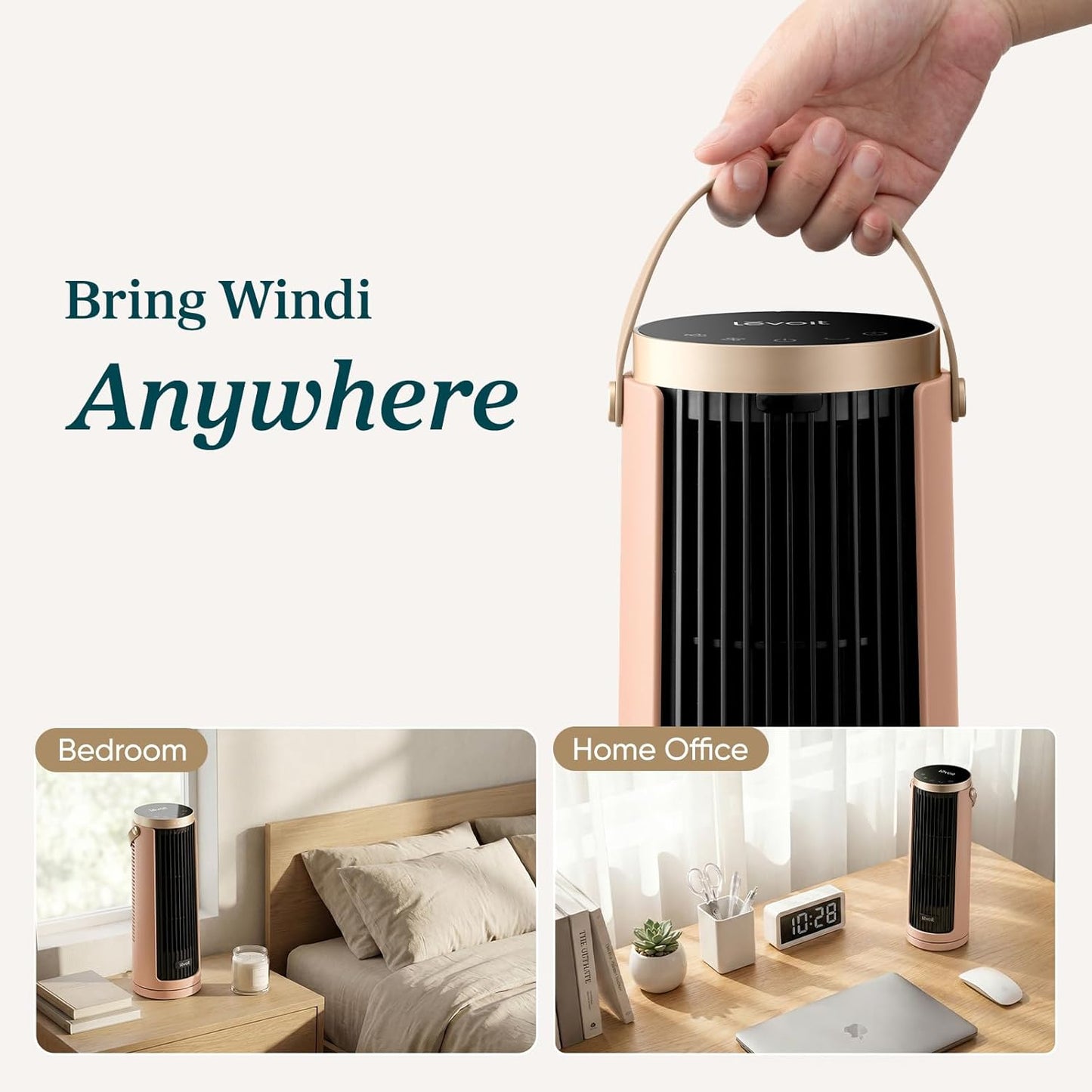 LEVOIT Tower Fan for Bedroom, 20dB Quiet Desk Fan with 23ft/s, Portable & Easy to Carry, 3-Angle & 5-Speed Mini Oscillating Fan, DC Motor, Bladeless, Remoter, 12H Timer, for Home, Room, Office, White