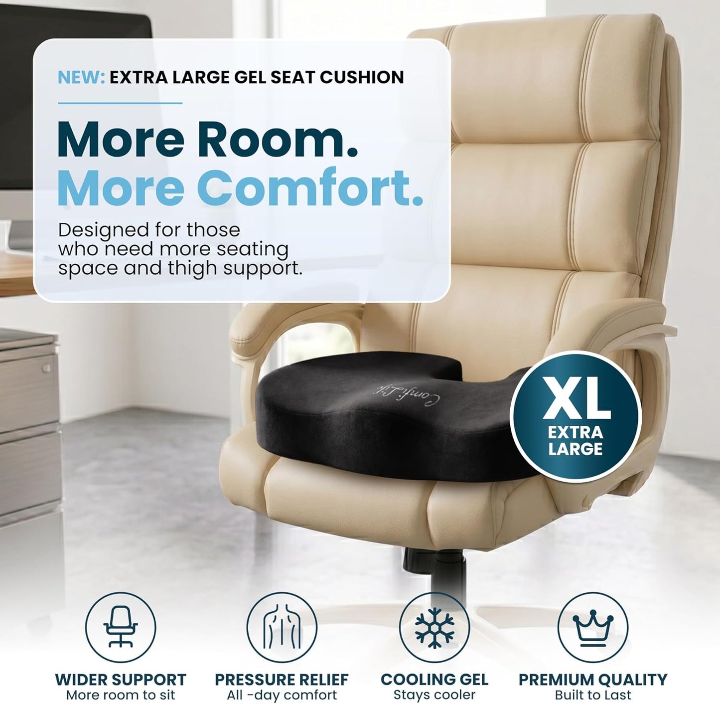 ComfiLife Gel Enhanced Seat Cushion – Office Chair Cushion – Non-Slip Gel & Memory Foam Coccyx Cushion for Tailbone Pain - Desk Chair Car Seat Cushion Driving - Sciatica & Back Pain Relief (Navy)