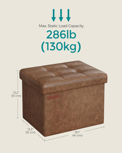 SONGMICS Small Folding Storage Ottoman, Foot Rest Stool, Cube Footrest, Synthetic Leather, 12.2 x 16.1 x 12.2 Inches, 286 lb Capacity, for Living Room, Bedroom, Dorm, Ink Black ULSF100B01