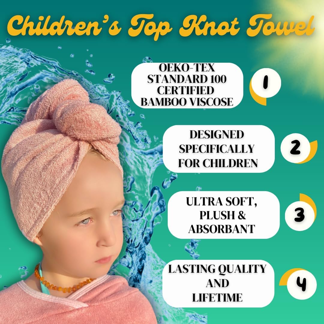 Hair Towel Wrap for Kids | 100% Bamboo Viscose |Tailored Small | Essential Hair Drying Wrap for Bath, Beach, Pool and Spa | Hair Accessory for Girls | Set of 2 | Seafoam Blue + Seashell Blush Pink
