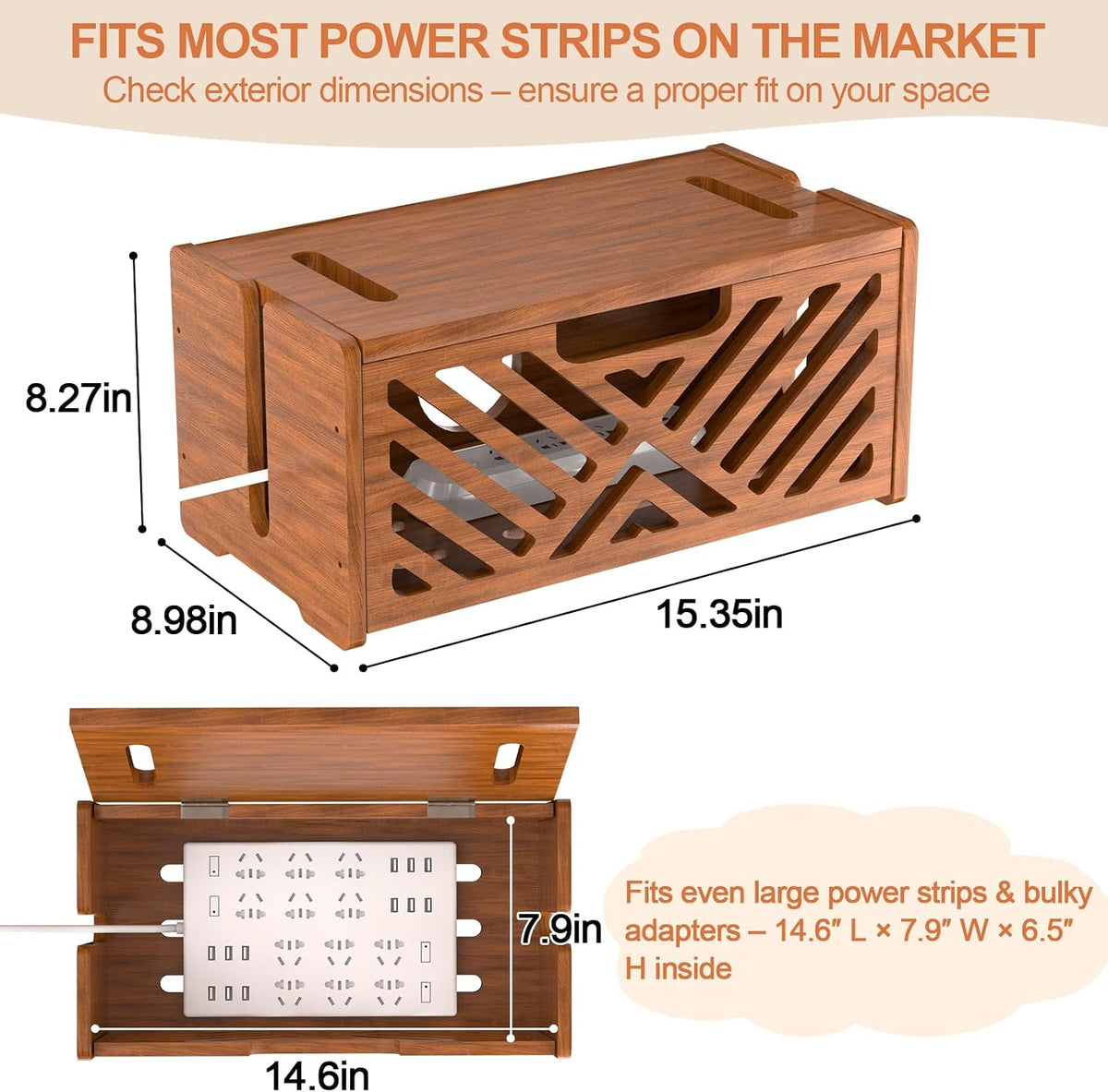 Extra Large Wooden Cable Management Box, 15.35 x 8.98 x 8.27 inches, Cord Hider Box with Cable Slots, Cable Organizer Box to Hide Power Strips, Surge Protector, Extension Cords for Desk & Floor