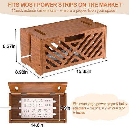 Extra Large Wooden Cable Management Box, 15.35 x 8.98 x 8.27 inches, Cord Hider Box with Cable Slots, Cable Organizer Box to Hide Power Strips, Surge Protector, Extension Cords for Desk & Floor