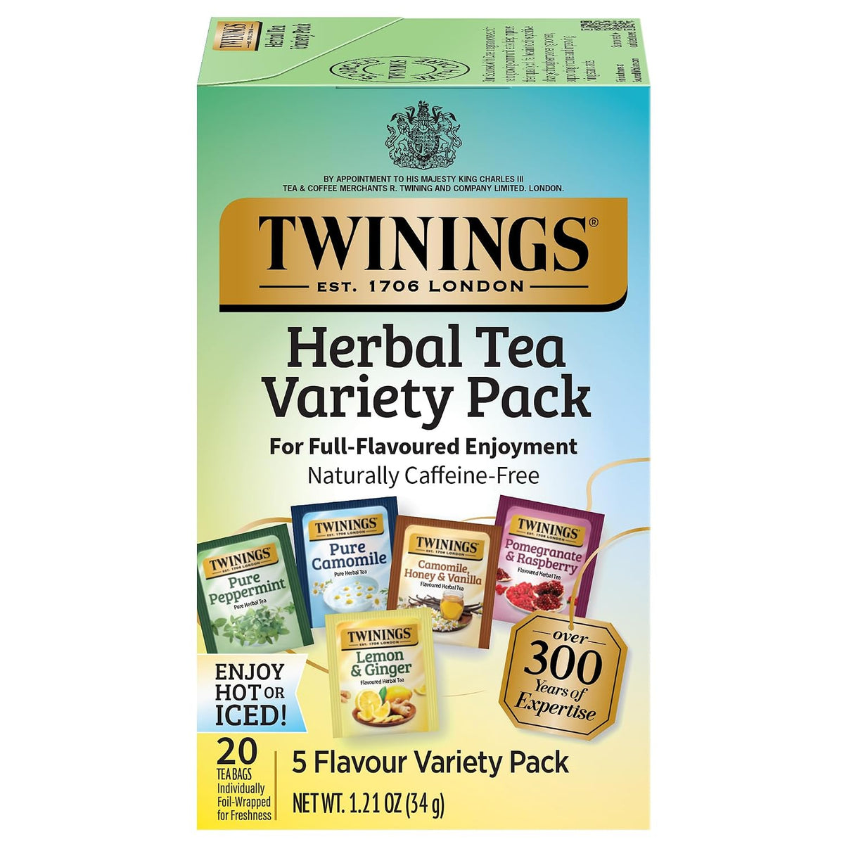 Twinings Herbal Tea Variety Pack, 20 Count (Pack of 1), Formerly Assorted Herbal, Includes 5 Flavours, Naturally Caffeine-Free, Enjoy Hot or Iced, 20 Teabags