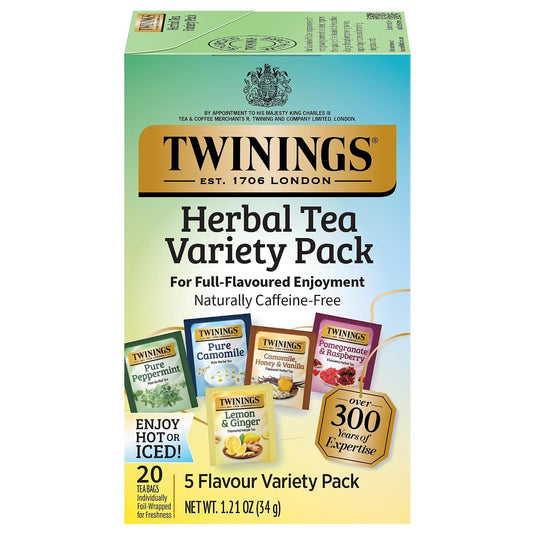 Twinings Herbal Tea Variety Pack, 20 Count (Pack of 1), Formerly Assorted Herbal, Includes 5 Flavours, Naturally Caffeine-Free, Enjoy Hot or Iced, 20 Teabags
