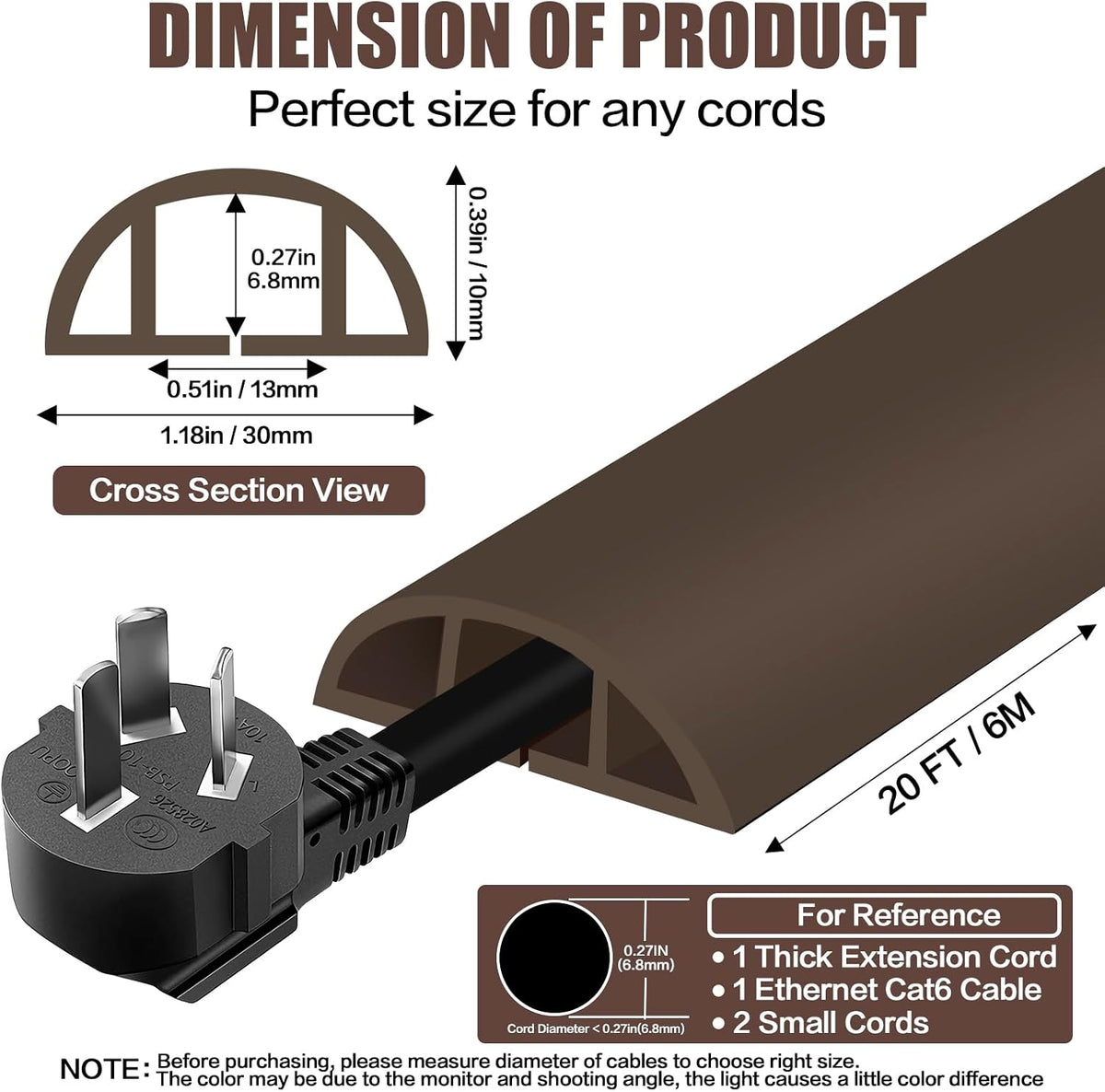 Floor Cord Cover Self Adhesive Cord Hider,10FT Cable Management, Extension Strip Protector for Wires, Prevent Cable Trips for Offices, Gyms, Exhibitions Cavity 0.39"(W) x 0.27"(H) BrownWood