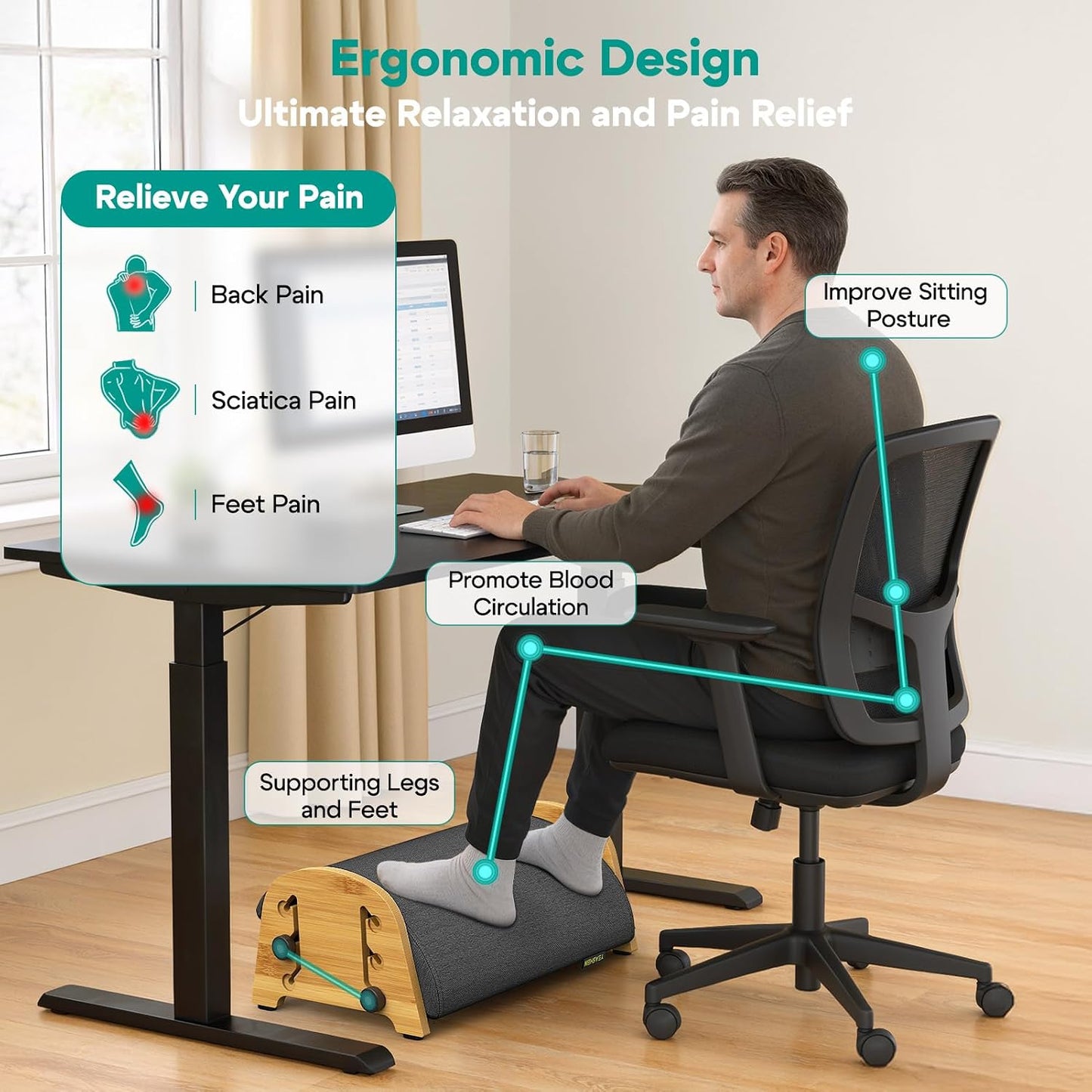 YEASHEIN Ergonomic Foot Rest Under Desk At Work, Bamboo Wood Adjustable Foot Stool Under Desk with 6 Positions, Office Footrests with Memory Foam, Leg Rest Used for Car, Home, PC Gaming Accessories