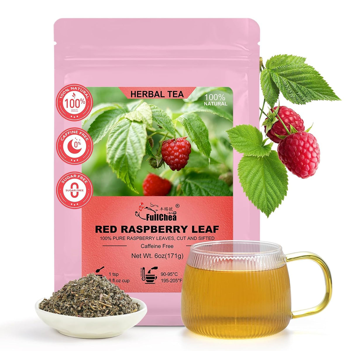 FullChea - Red Raspberry Leaf, 6oz/171g - Natural Dried Raspberry Leaf Tea Loose - Pregnancy Tea for Women's Wellness, Menstrual Cycle & Uterine Health - Cut & Sifted - Non-GMO - Caffeine-free