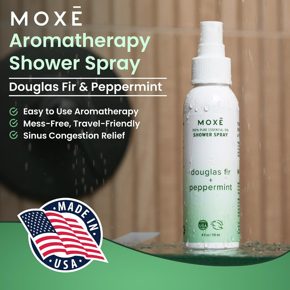 MOXĒ Eucalyptus Oil Shower Mist, Spa Steam Spray, Certified Natural 100% Essential Oils, Made in USA, Aromatherapy, Sinus Congestion Relief, Tension Relief, 4 Ounces