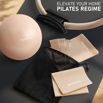 PhysKcal Pilates Kit, 15-Inch Pilates Ring with 1x Pilates Ball & 5X Bands | Aesthetic Home Pilates Equipment Set, Essential Kit for Beginners in Minimalist Style. Comes in Premium Packaging