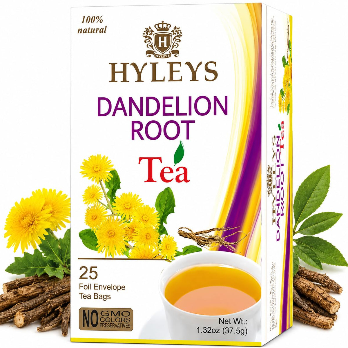 Hyleys Dandelion Root & Green Tea, Detox Blend, Wellness Blend, 25 Tea Bags
