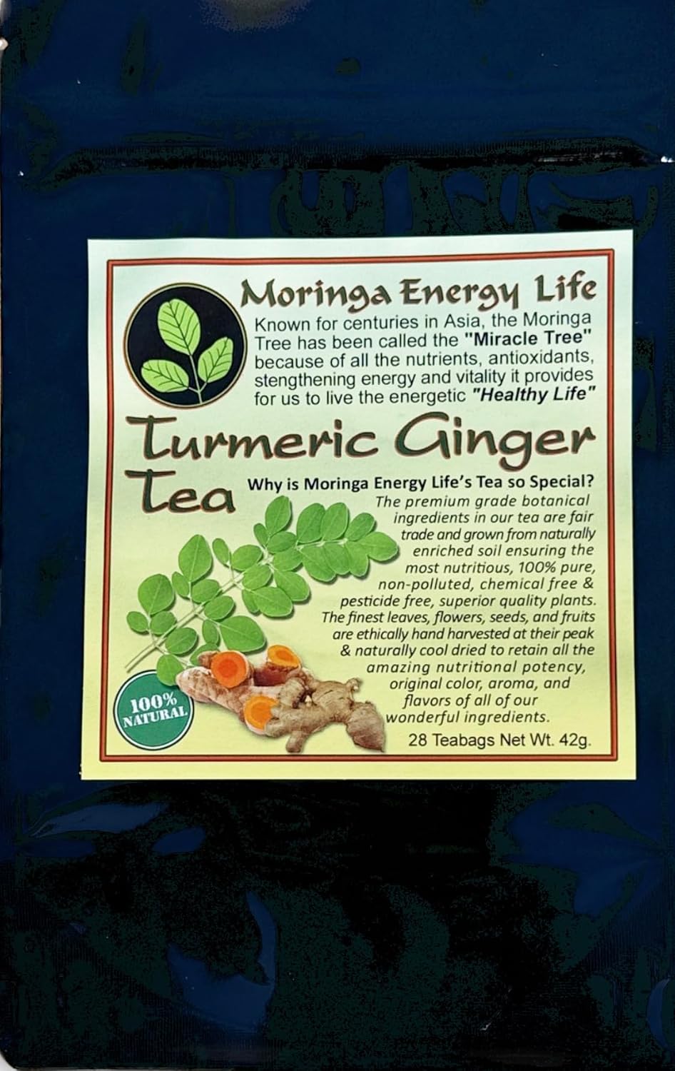 Moringa Turmeric Ginger Tea Bags 28 (Keto, Detox, Paleo, Vitamin & Minerals Booster, Vegan, Gluten-Free, Non-GMO, Caffeine-Free)