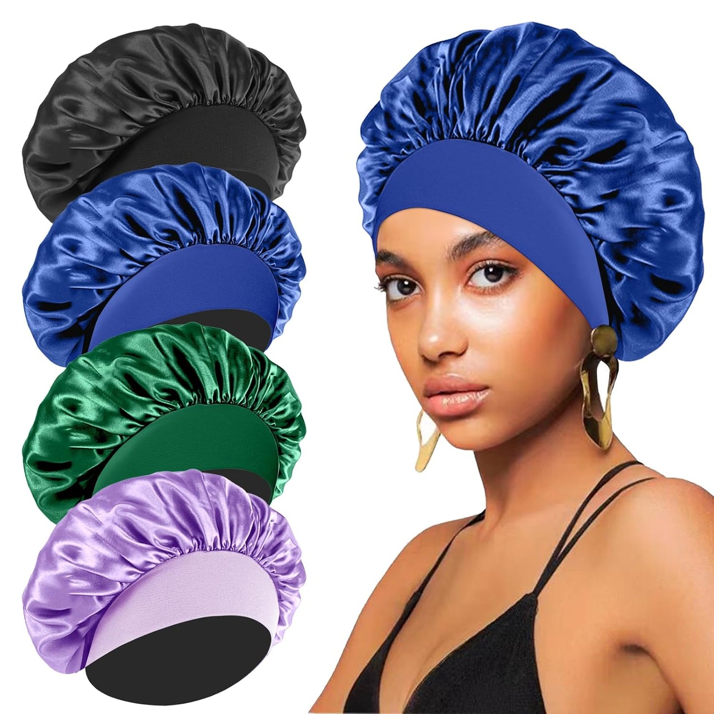 4PCS Silk Satin Bonnets for Black Women & Men - Elastic Wide Band Hair Wrap Cap for Curly Hair - Shower Cap for Sleeping (Black, Peacock Blue, Pink, Khaki)