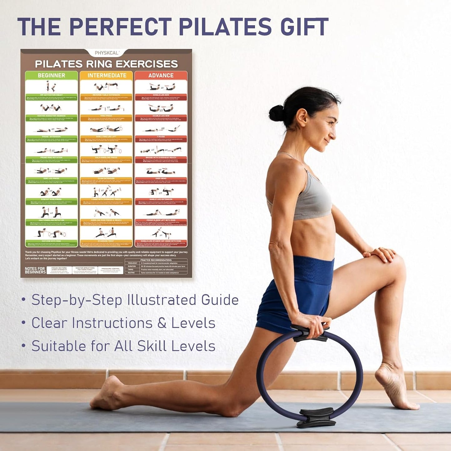 PhysKcal Pilates Ring, 15-Inch Magic Circle with Thick Padded Handle | Pilates Equipment for Toning Inner Thighs, Arms and Strengthening Cores with Workout Sheet Included