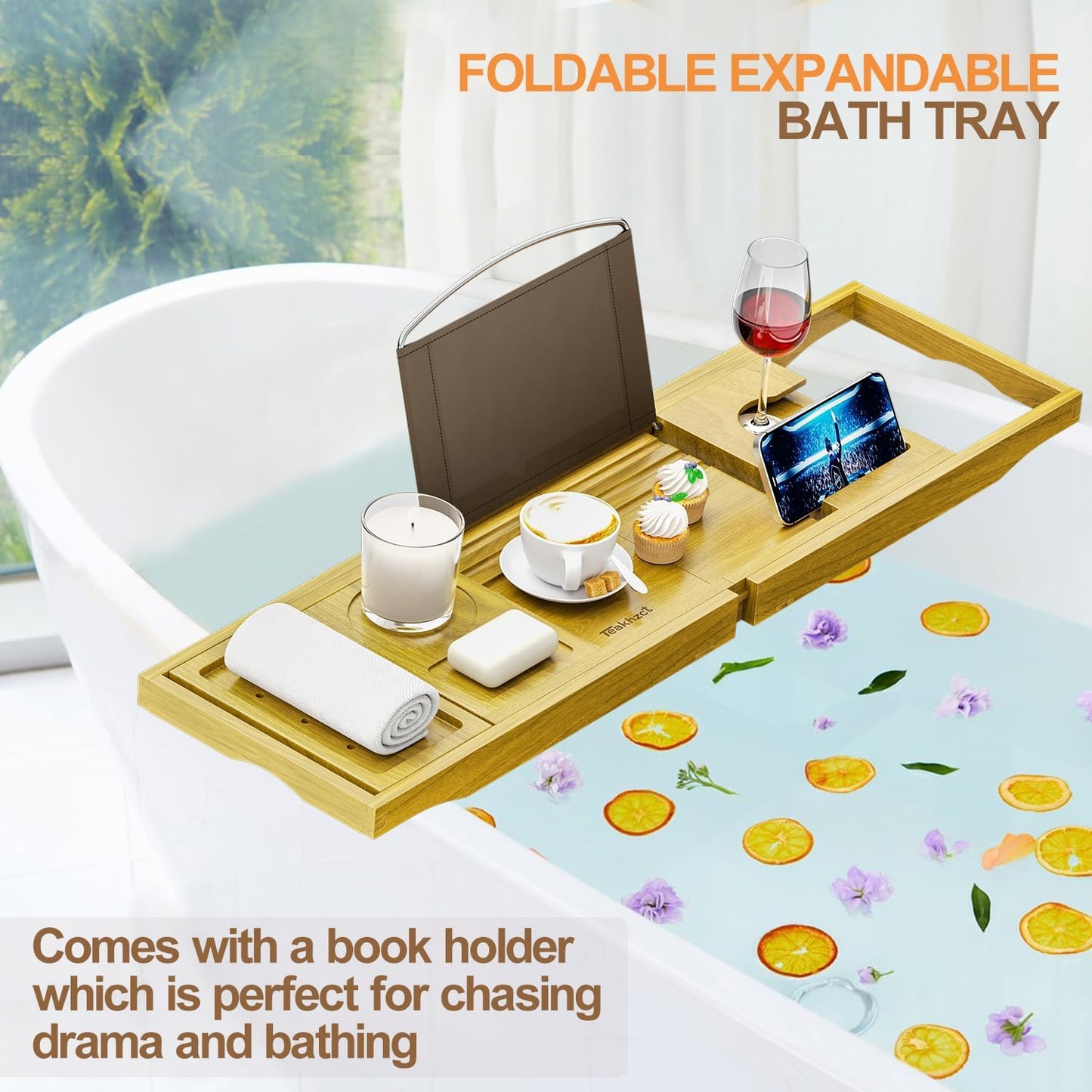Bathtub Tray Caddy - Bath Tray - Bath Tub Table Tray Caddy - Bamboo Bath Tray for Tub