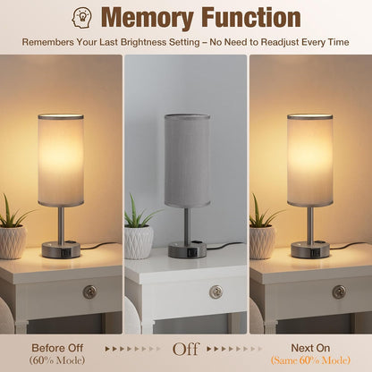 Touch Bedside Table Lamp with Memory - Stepless Dimmable Lamp for Bedroom, Small Nightstand Lamp with Dual USB Charging Ports and AC Outlet, Wood Night Light, Desk Lamp for Nursery, Living Room, Dorm