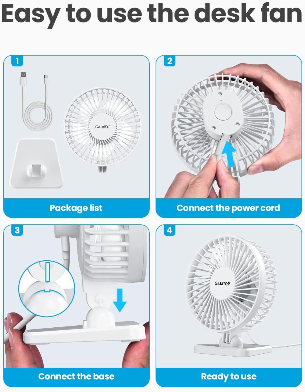 Gaiatop USB Desk Fan, Small But Powerful, Personal Portable Quiet 3 Speeds, Adjustable Mini Table Desktop fan for Cooling Home Office Car Summer Travel Gifts Blue