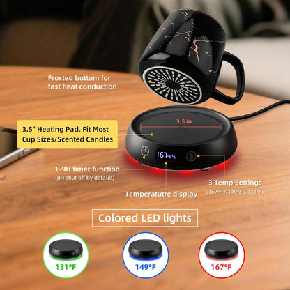 Coffee Mug Warmer Set, Smart Heated Electric Cup Warmer for Desk Office with 8H Auto Off, 1-9H Delay Startup & Shutoff Timer, 3 Temperature Control Coffee Tea Beverage Warmer, Ideal Gifts for Man