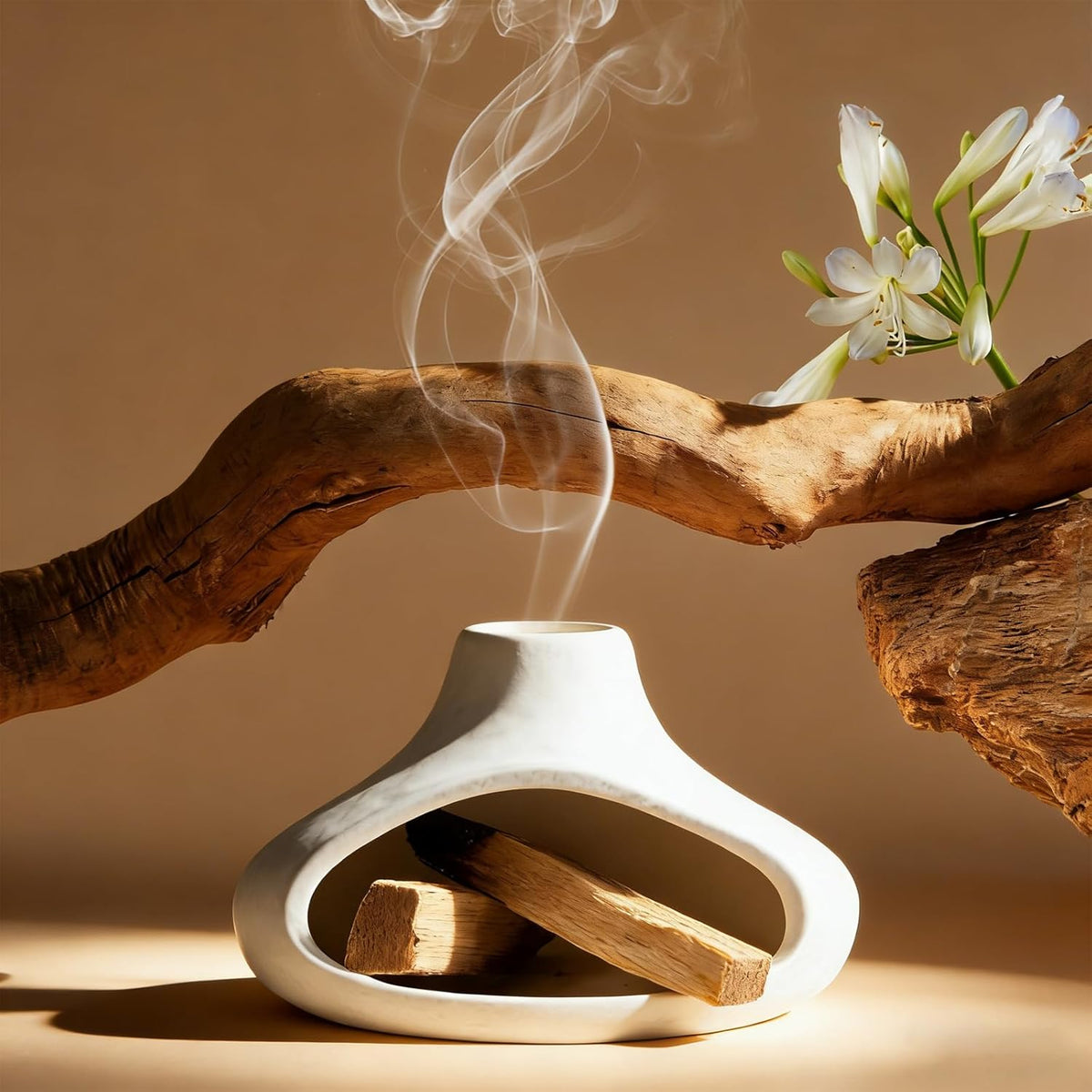 Ceramic Palo Santo Holder with Mini Chimney, Ash Catcher Incense Holder for Palo Santo Sticks, Sage Bundles, Incense Cones, Fireplace Style Smudge Bowl for Meditation, Yoga Home Decor(White)