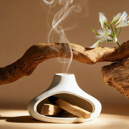 Ceramic Palo Santo Holder with Mini Chimney, Ash Catcher Incense Holder for Palo Santo Sticks, Sage Bundles, Incense Cones, Fireplace Style Smudge Bowl for Meditation, Yoga Home Decor(White)