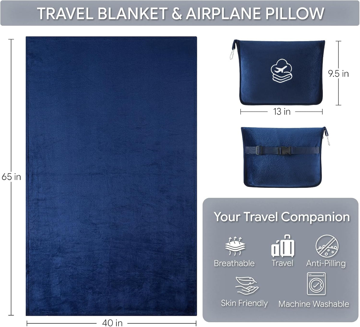 Travel Blanket, Soft 2-in-1 Airplane Blanket, 65x40 Inches, Travel Blanket Airplane Compact with Bag, Car Blanket with Luggage Sleeve & Backpack Clip (Light Grey)