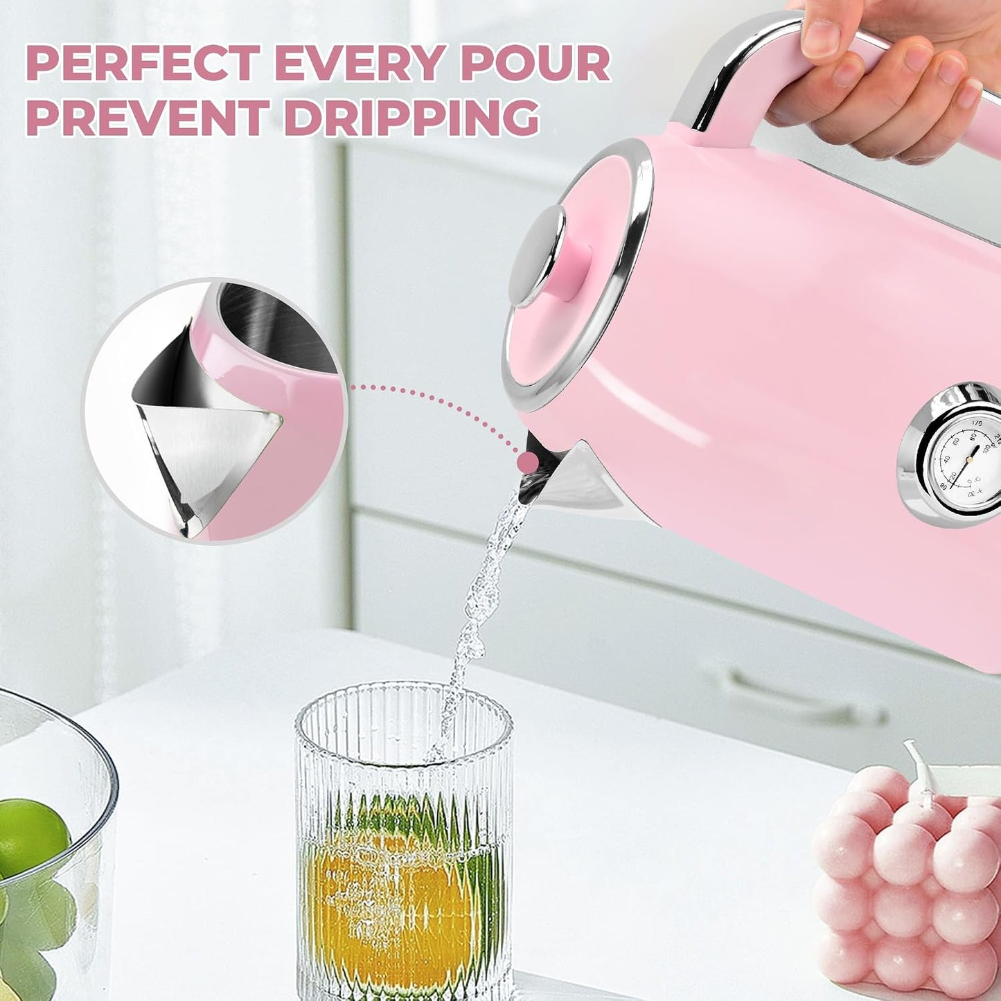 SUSTEAS Electric Kettle - 57oz Hot Tea Water Boiler with Thermometer, 1500W Fast Heating Stainless Steel Pot, Cordless LED Indicator, Auto Shut-Off & Boil Dry Protection, Retro Green
