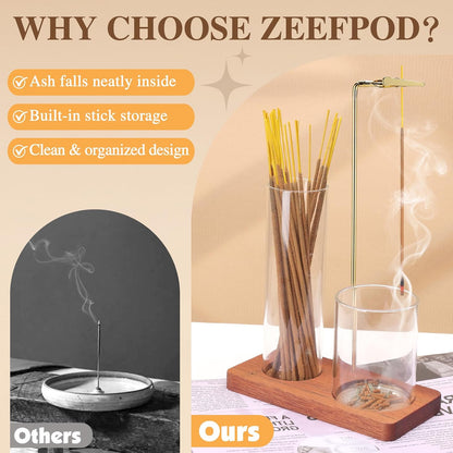 2 in 1 Incense Holder for Sticks with Glass Ash Catcher, Upside Down Anti-Ash Incense Stick Burner, Modern Vertical Incense Holder for Yoga, Spa, Meditation and Home Decor （Black）