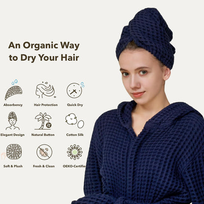 Luxury Organic Japanese Cotton Hair Drying Waffle Towel Wrap for Women | Absorbent, Quick-Dry Head Turban for Shower, Sauna, Spa | Extra Large for Long, Curly, Straight Hair With Button (White, 1 Pc)