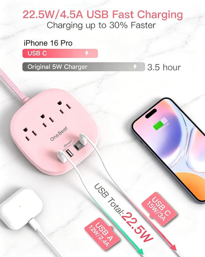 Travel Essentials, 22.5W/4.5A Flat Plug Power Strip, 6 Ft Extension Cord