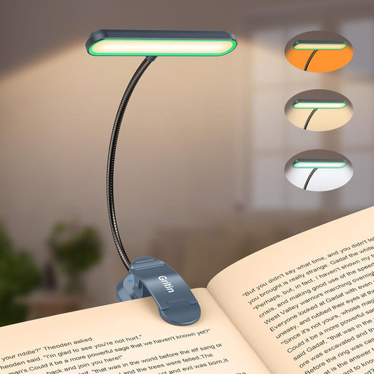 Gritin Rechargeable Book Light for Reading in Bed with 19 LED | Eye Caring 3 Color Temps,5 Brightness Levels,Memory Function,90 Hrs Runtime Flexible Goose Neck Clip on Light for Book Lovers