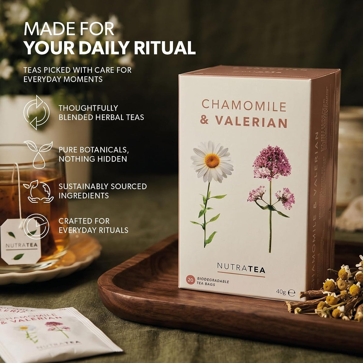 NutraTea Chamomile & Valerian Tea - Bedtime and Night Time Tea - 20 Individually Wrapped Bags (1 Pack)