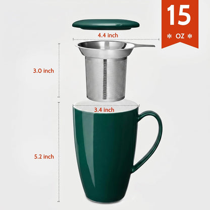 Sweese 15oz Porcelain Tea Mug with Infuser and Lid – Microwave Safe, Ergonomic Handle, Lead-Free Glaze, for Loose Leaf Tea