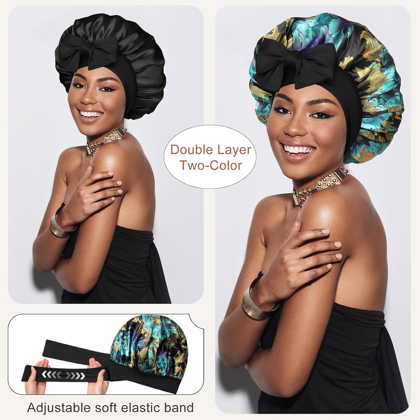 Satin Bonnet for Sleeping Cap Double Layer Hair Bonnet with Elastic Tie Band for Curly Hair Night Cap (Bean Paste + Pink)