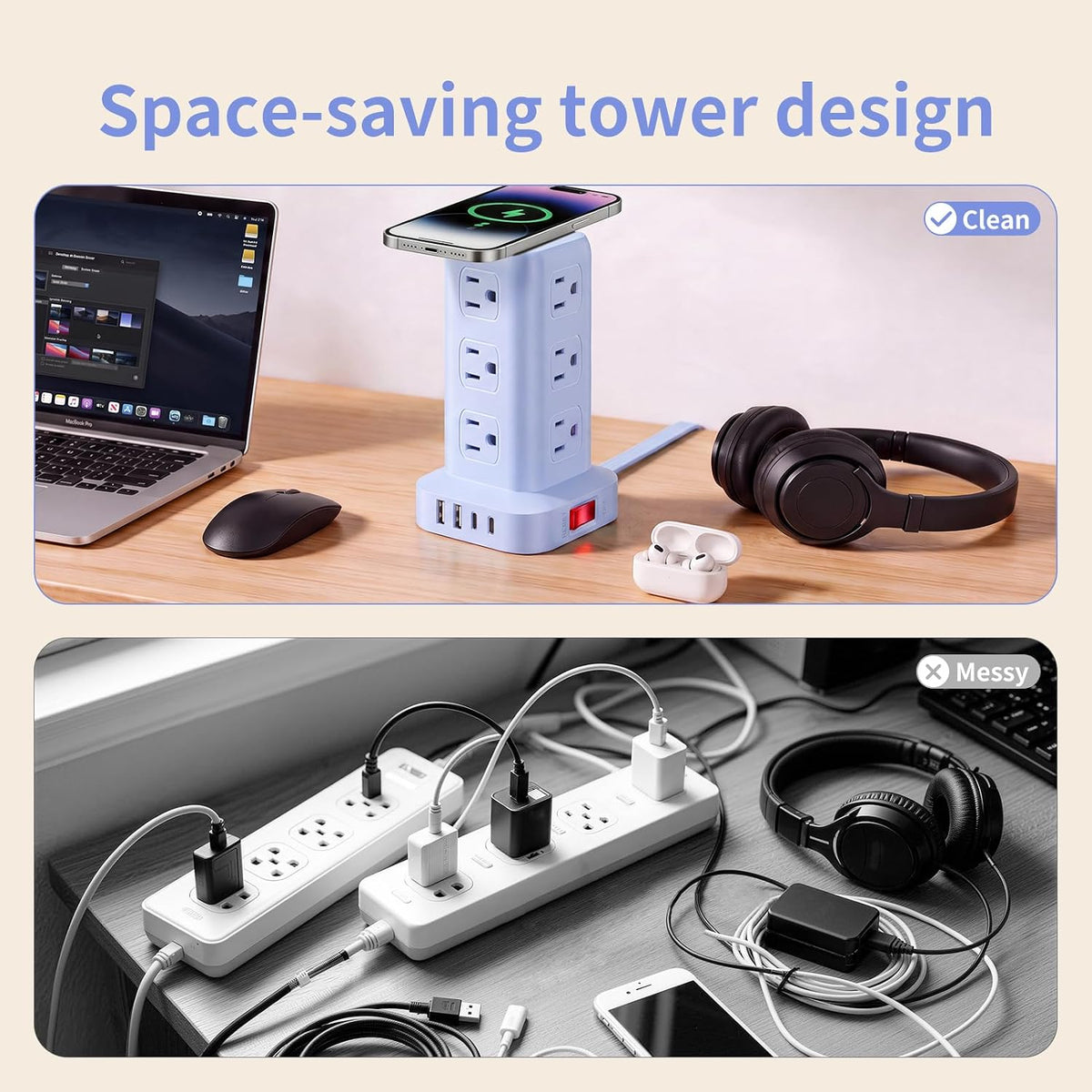 Extension Cord with Multiple Outlets, SMALLRT Power Strip Tower, Outlet Extender with 12 AC Outlets 4 USB, 6.5FT Extension Cord for Home Dorm Room, Office Supplies,Overload Protection
