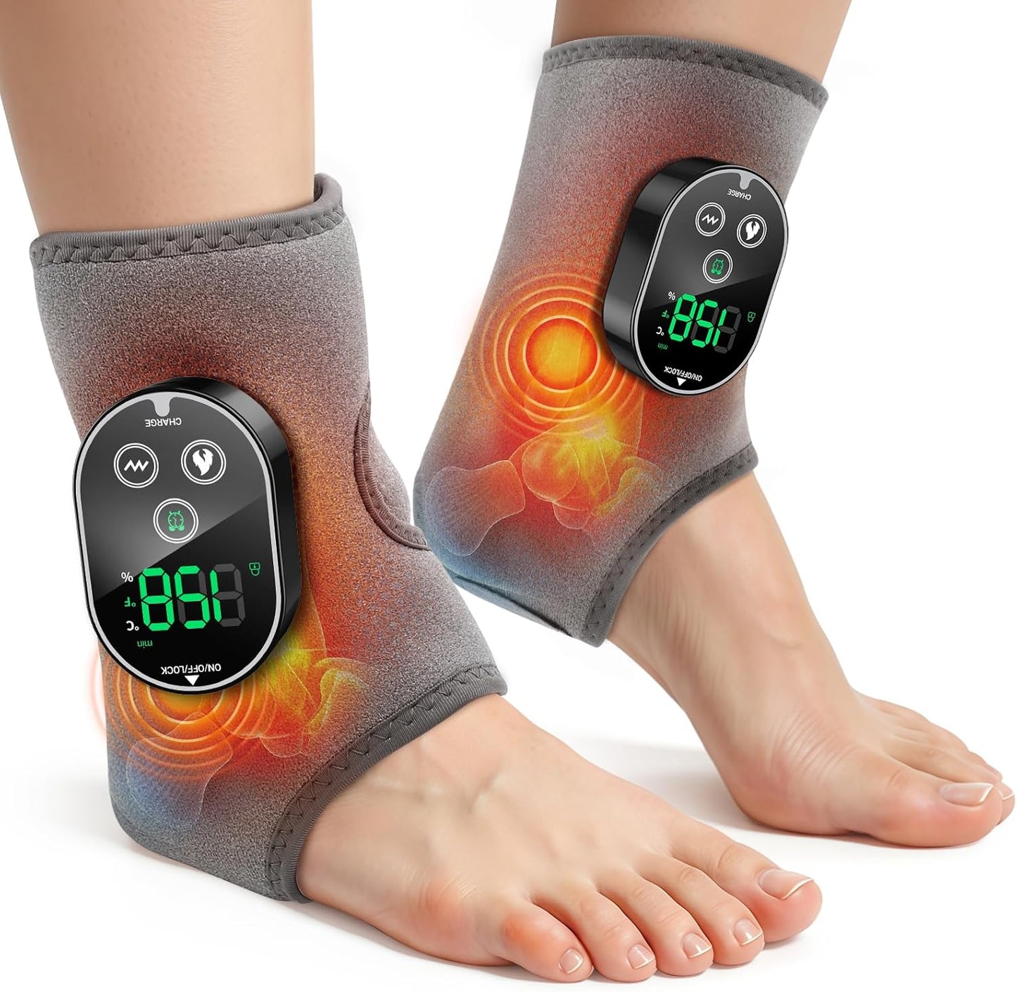 WoloyHeatie Cordless Foot Massager for Neuropathy, 3000mAh Rechargeable Ankle Heating Pad with Massage for Circulation, Foot Ankle Pain Relief Massager, Gray