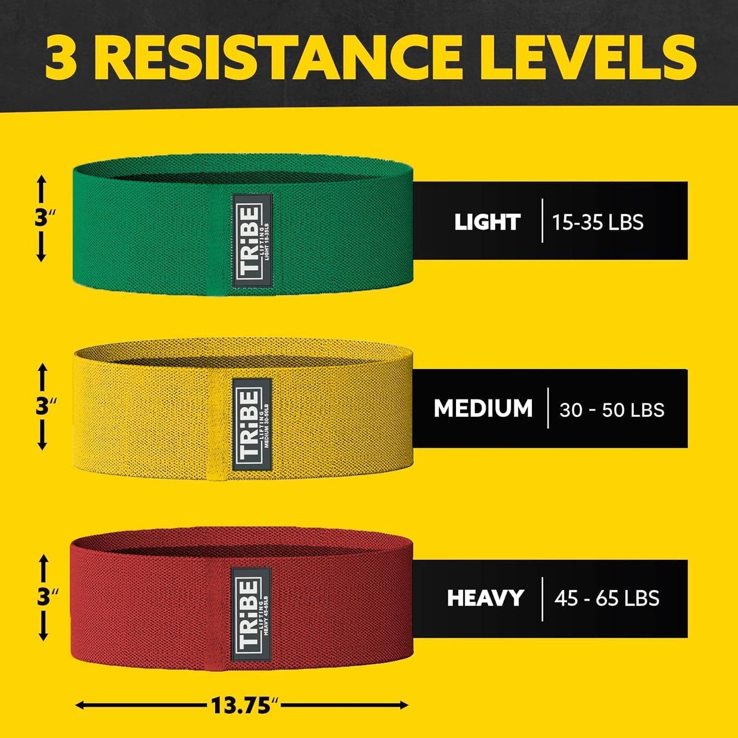 Tribe Lifting Resistance Bands for Working Out - 3 Pack Fabric Workout Bands for Women and Men - Booty Bands for Legs and Glute - Non Slip Exercise Bands Set for Squat Hip Thigh