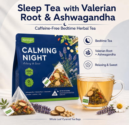Herblight Sleep Tea with Valerian Root & Ashwagandha, Caffeine Free Bedtime Tea, Night Time Tea for Sleeping, Cortisol Calm Herbal Tea, Whole Leaf Pyramid Tea Bags, 25 Count