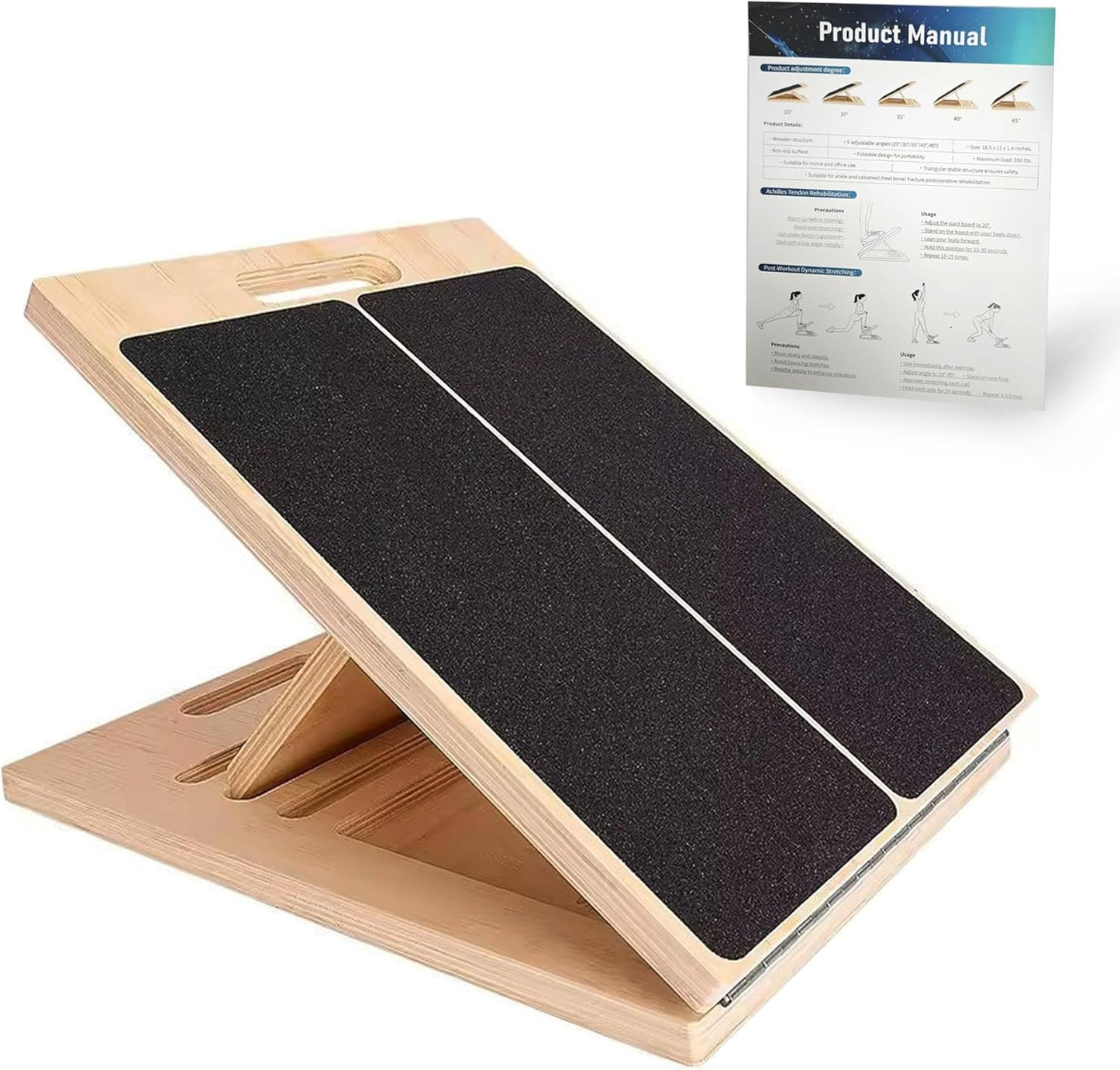 Adjustable 16.5"×12" Wooden Slant Board – 5-Angle Foldable Calf Stretcher & Squat Wedge for Home-Gym, Portable Incline Board for Physical Therapy Rehab Pilates, Ankle Knee Heel Feet Leg, 350 lb Rated