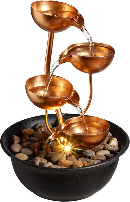 Tabletop Fountain Metal 4-Tier Cascading Bowl Water Feature Indoor Desktop Waterfall Fountain, Relaxing Zen Decor for Home Office Bedroom Meditation Gift, 9.8 Inch