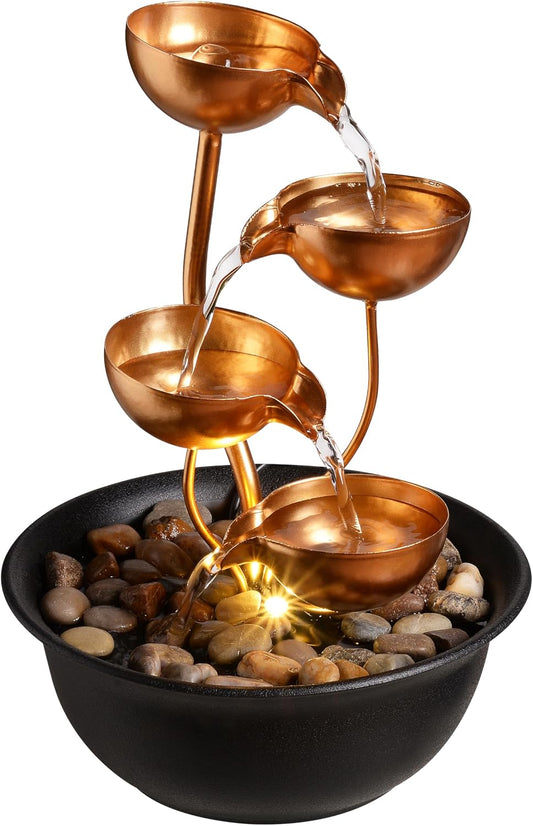 Tabletop Fountain Metal 4-Tier Cascading Bowl Water Feature Indoor Desktop Waterfall Fountain, Relaxing Zen Decor for Home Office Bedroom Meditation Gift, 9.8 Inch