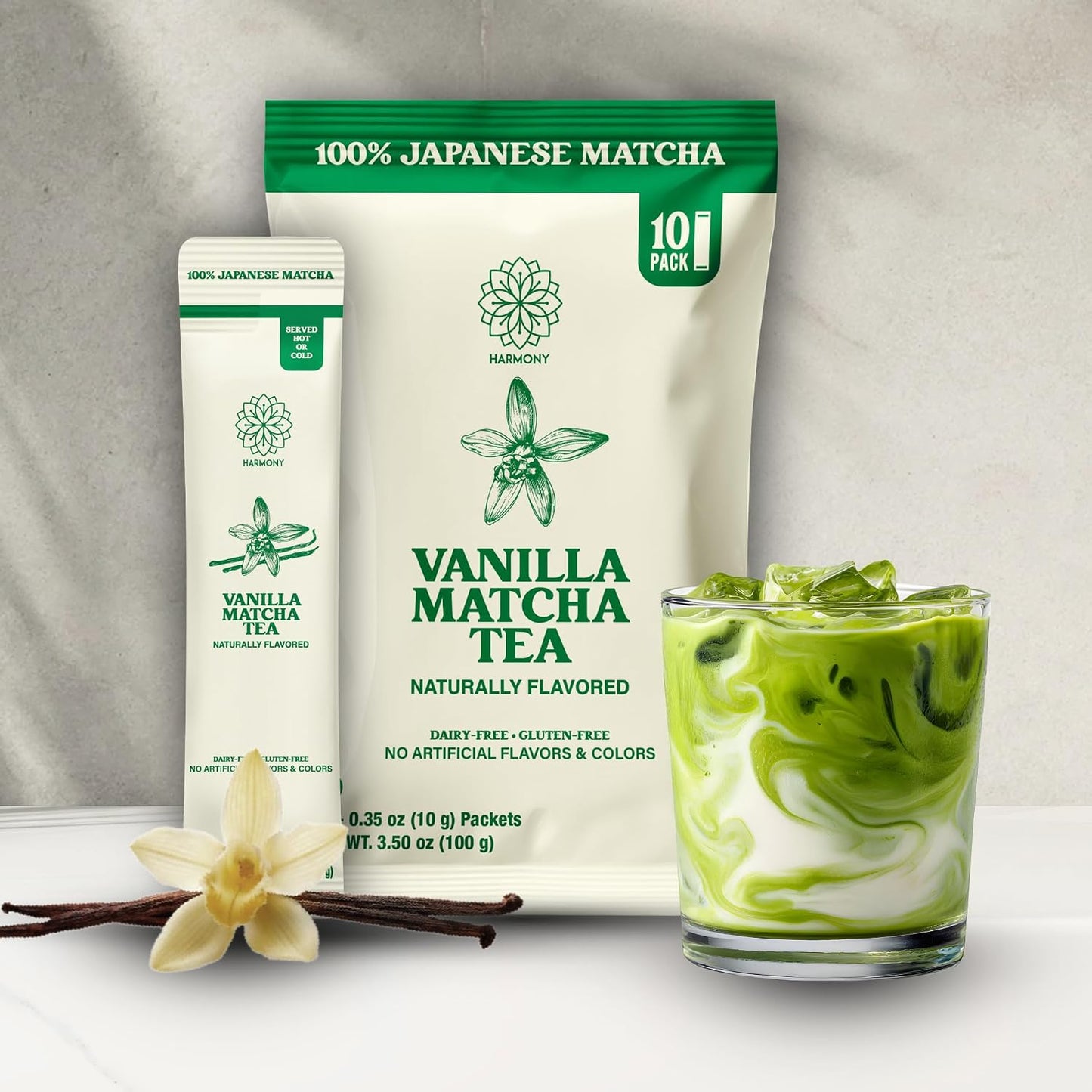 The Harmony Matcha Vanilla (10 Sticks) Premium Sweetened Japanese Matcha Powder, Rich in Antioxidants & L-Theanine, Dairy, Gluten, & Preservative Free, Serve Hot or Iced