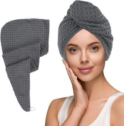 MaopaoBeauty Hair Towel Wrap for Women Long&Thick Hairs Head Wrap 1Pack Super Absorbent Hair Drying White Waffle Bath Towels for Curly Quick Dry Hair Drying Towels with Button